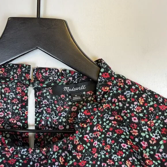 Madewell Puff Sleeve Ruffle Top Blouse Black Fieldwalk Floral - M - Picture 3 of 9